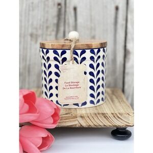Blue & White Ceramic Food Storage Canister with Wooden Lid Handmade in Ind